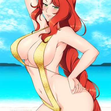 fire emblem, fire emblem: radiant dawn, nintendo, titania (fire emblem), lindaroze, 1girls, alternate costume, arm up, beach, braid, braided ponytail, breasts, cleavage, green eyes, horizon