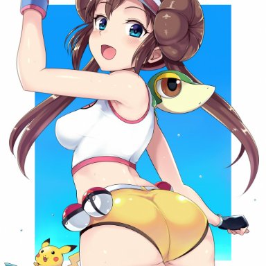 pokemon, pokemon bw2, pikachu, rosa (pokemon), snivy, kasai shin, ass, brown hair, looking at viewer, pokeball, sideboob, surfing, thick thighs, thighs, tight clothing
