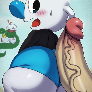 cuphead (game), sqoon, sssonic2, ass, big ass, big butt, blue eyes, blue nose, blue sweater, blush, brown eyes, fat ass, fat butt, femboy, gloves