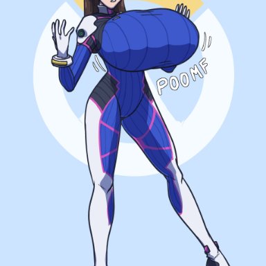 overwatch, d.va, tail-blazer, alternate breast size, breast expansion, breasts, breasts bigger than head, brown hair, clothed, clothed female, enormous breasts, female, female only, female solo, full body