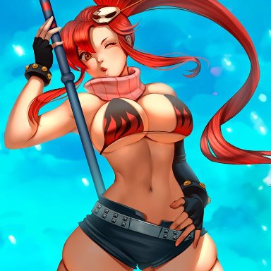 tengen toppa gurren lagann, yoko littner, didi esmeralda, 1girls, belt, bikini top, cleavage, fingerless gloves, hazel eyes, large breasts, long hair, ponytail, red hair, short shorts, thick thighs