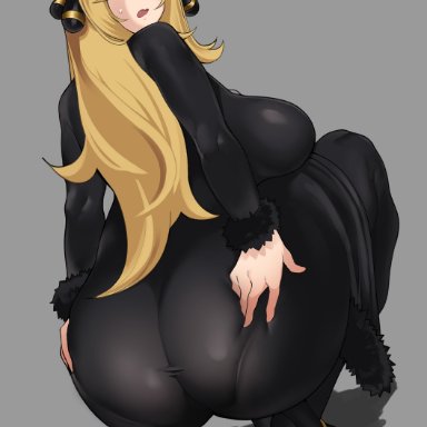 nintendo, pokemon, pokemon dppt, cynthia (pokemon), cham22, chamchami, 1girls, ?, ass, ass focus, big ass, big breasts, big butt, blonde hair, blush