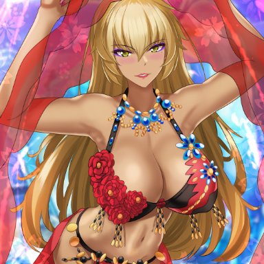 fire emblem, fire emblem: the binding blade, nintendo, igrene (fire emblem), nez-box, 1girls, alternate costume, arms up, bare thighs, beads, belly dancer, belly dancer outfit, blonde hair, blush, cleavage