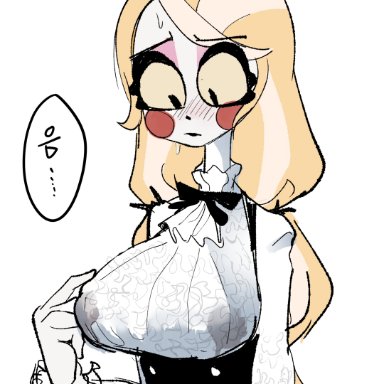 hazbin hotel, charlie (hazbin hotel), charlie magne, hentaicat, 1girl, blonde hair, blush, breast milk, demon, demon girl, embarrassed, fully clothed, lactating, lactation, lactation through clothes