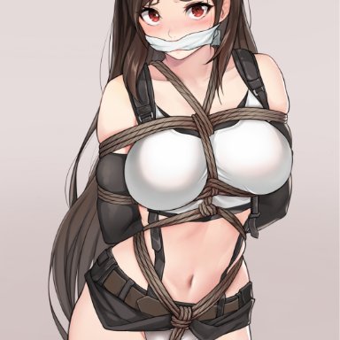 final fantasy, final fantasy vii, tifa lockhart, fle en, belt, blush, bondage, bra, brown hair, cleave gag, crop top, female, female focus, female only, femsub