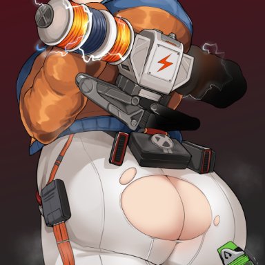 apex legends, wattson (apex legends), cham22, chamchami, 1boy, 1girls, ass, big ass, big butt, blonde hair, blue eyes, blush, curvaceous, female, half-closed eyes