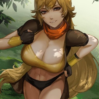 rwby, yang xiao long, nextoad, big breasts, blonde hair, cleavage, long hair, thick thighs