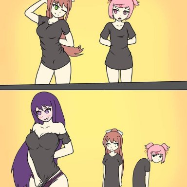 doki doki literature club, yuri (doki doki literature club), natsuki oki doki, 3girls, black shirt, blush, breasts, brown hair, curvy, curvy female, curvy figure, embarrassed, green eyes, jealous, medium breasts