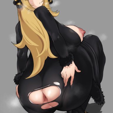 nintendo, pokemon, pokemon dppt, cynthia (pokemon), cham22, chamchami, 1girls, ?, anus, ass, ass focus, big ass, big breasts, big butt, blonde hair