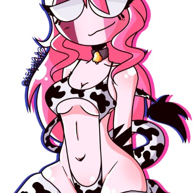 friday night funkin, sarvente (dokki.doodlez), laestupidasofi, sofiart, 1girls, cow horns, cow print, cow tail, long hair, pink hair, sole female, thick thighs, thighhighs, white background, white eyes