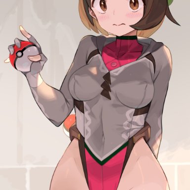 nintendo, pokemon, pokemon ss, gloria (pokemon), spring2013, 1girls, blush, breasts, brown hair, eye contact, female, hat, holding poke ball, leotard, looking at viewer