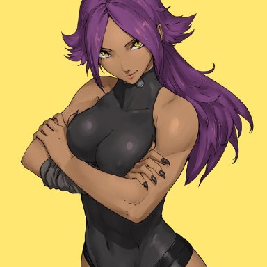 bleach, shihouin yoruichi, ozkh, 1girls, abs, asymmetrical sleeves, black nails, breasts, cleavage, clothing, covered nipples, cropped legs, crossed arms, curvaceous, curvy