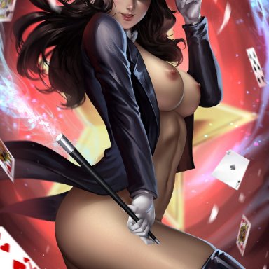 dc, dc comics, zatanna, zatanna zatara, nopeys, blush, breasts, exposed breasts, female, functionally nude, hat, long hair, looking at viewer, magic, magic wand