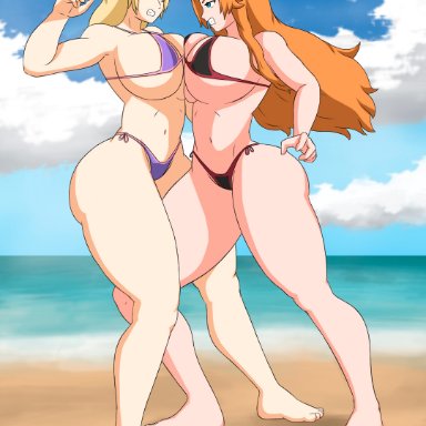 bleach, naruto, naruto (series), naruto shippuden, shounen jump, matsumoto rangiku, tsunade, ultiblackfire, 2girls, abs, ass, barefoot, bbw, beach, big breasts