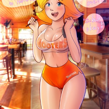 hooters, totally spies, clover (totally spies), applespicex, 1girls, areolae, blonde hair, blue eyes, blush, breasts, cleavage, clothed, crop top, female, female only