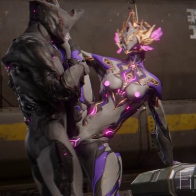 warframe, excalibur (warframe), nyx (warframe), fiishdude, 1boy, 1girls, cum in pussy, cum inside, doggy style, female, glowing anus, glowing nipples, glowing pussy, humanoid, humanoid on humanoid