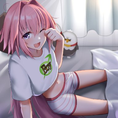 fate/grand order, fate (series), astolfo (fate), kitajima yuuki, 1boy, boxers, bulge, erection, erection under clothes, eye contact, femboy, long hair, looking at viewer, male, penis