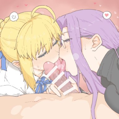 fate/stay night, fate (series), artoria pendragon, medusa (fate), saber, banned artist, mo (kireinamo), 1boy, 2girls, ahoge, anger vein, annoyed, bangs, black sweater, blonde hair