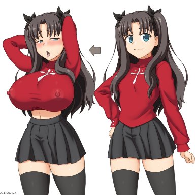 fate/stay night, fate (series), tohsaka rin, abridged-satoko, 1girls, alternate breast size, breast expansion, gigantic breasts, huge breasts, nipples, nipples visible through clothing, twintails