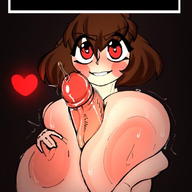 undertale, chara, frisk, darky, 1girl, 1girls, 5 fingers, big breasts, big penis, breasts, brown hair, giant breasts, heart, heart-shaped pupils, mommy milkers