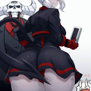 helltaker, loremaster (helltaker), lucifer (helltaker), subject 67 (helltaker), nuezou, ass, big ass, big butt, curvy, demon girl, demon tail, hairbun, horns, huge ass, huge butt