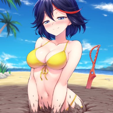 kill la kill, matoi ryuuko, ivenglynn, 1girls, beach, belly button, bikini, bikini top, blue eyes, blush, breasts, clothing, dark purple hair, eyebrows, eyebrows visible through hair