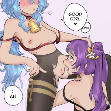 genshin impact, ganyu (genshin impact), keqing (genshin impact), artist request, blue hair, blush, breasts, grabbing thighs, licking, licking pussy, open mouth, purple eyes, purple hair, saliva, saliva trail