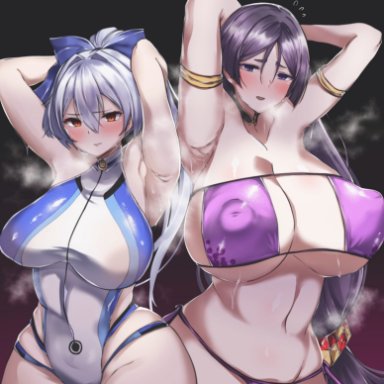 fate/grand order, fate (series), tomoe gozen (fate), tomoe gozen (swimsuit saber), ryouten9, 2girls, big breasts, bikini, blush, breasts, female, female only, hands behind head, huge breasts, large breasts