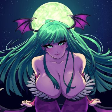 darkstalkers, morrigan aensland, rumblyf, 1girls, bent over, blush, breasts, cleavage, female, female only, green eyes, green hair, large breasts, leaning forward, long hair