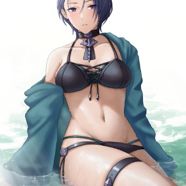 fire emblem, fire emblem: three houses, nintendo, shamir nevrand, homomomomon, 1girls, bare legs, bare midriff, bikini, black bikini, blue hair, breasts, female, jewelry, looking at viewer