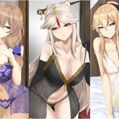 genshin impact, jean gunnhildr, jean gunnhildr (genshin impact), lisa (genshin impact), lisa minci, ningguang (genshin impact), 3girls, babydoll, bed, blonde hair, blue eyes, bra, brown hair, green eyes, lingerie