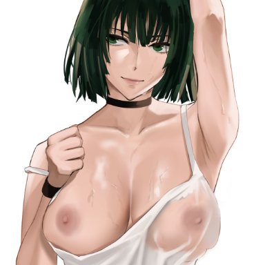 one-punch man, fubuki (one-punch man), 1girls, areolae, arm up, armpits, bangs, black choker, blunt bangs, breasts, choker, clavicle, closed mouth, collarbone, exposed breasts