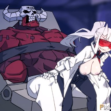 helltaker, loremaster (helltaker), subject 67 (helltaker), berg-yb, 1boy, 1girl, areolae, arms behind back, bent over, bouncing breasts, bound, bound torso, breasts, colored skin, demon boy