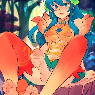 fire emblem, fire emblem: the sacred stones, fire emblem heroes, nintendo, eirika, eirika (fire emblem), squeezable, 1futa, 1girls, barefoot, blue eyes, blue hair, blush, clothed, clothing