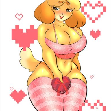 animal crossing, nintendo, isabelle (animal crossing), lovelydagger, luvon, &lt;3 eyes, 1girls, anthro, big breasts, blush, bow, breasts, buckteeth, canine, chocolate