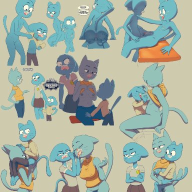 cartoon network, the amazing world of gumball, gumball watterson, mary senicourt, nicole watterson, drockdraw, angry, anthro, anus, ass, blue body, blue fur, bodily fluids, bottomless, breast suck