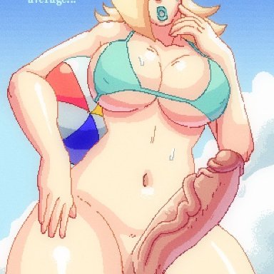 mario (series), nintendo, princess rosalina, lavabath, 1futa, balls, beach ball, big balls, big breasts, big penis, bimbo, blonde hair, blue eyes, blue eyeshadow, blue lipstick