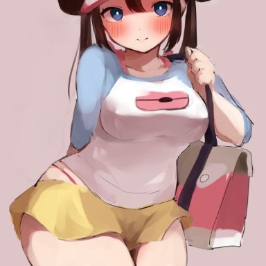 nintendo, pokemon, pokemon bw2, rosa (pokemon), 1girls, bag, blue eyes, blush, breasts, brown hair, cap, double bun, eye contact, female, looking at viewer