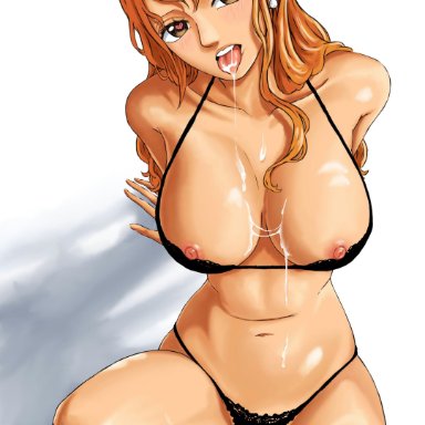 one piece, nami, bikini, cum, cum on breasts, heart-shaped pupils, horny, looking at viewer, naked, pose, sexy