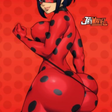 disney, miraculous ladybug, ladybug (character), marinette cheng, jay-marvel, 1girls, aged up, back view, big ass, blue eyes, blue hair, bodysuit, bubble ass, bubble butt, clothed