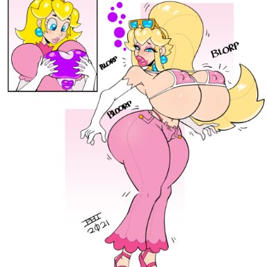 mario (series), princess peach, bimbophi, 1girls, bimbo, bimbofication, choker, elbow gloves, female, jewelry, mushroom