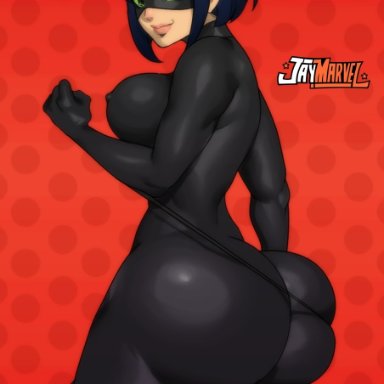 disney, miraculous ladybug, ladynoir (character), marinette cheng, jay-marvel, 1girls, aged up, back view, big ass, blue hair, bodysuit, bubble ass, bubble butt, clothed, clothing