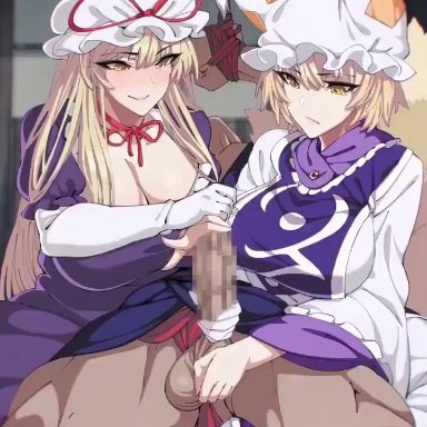 touhou, ran yakumo, yukari yakumo, buckethead ero, 1boy, 2girls, bangs, blonde hair, blush, bound, bound wrists, breasts, cleavage, dress, elbow gloves