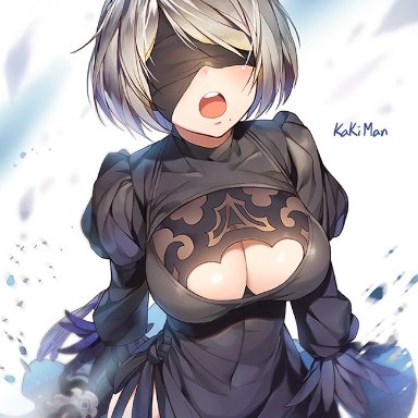 nier, nier: automata, yorha 2b, kakiman, breasts, cleavage, open mouth, artist name, tagme