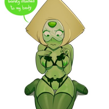 steven universe, peridot (steven universe), smokyholes, 1girls, blush, breasts, feet, green nipples, green skin, lingerie, looking down, nipples, nude, pussy, thighhighs