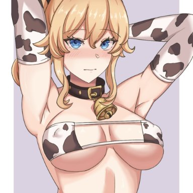 genshin impact, jean gunnhildr, lenku ass, 1girls, armpits, arms behind head, arms up, blonde hair, blue eyes, collar, cow print, cow print armwear, cow print bikini, cowbell, female