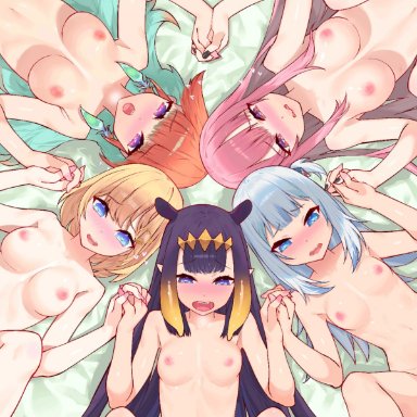 hololive, hololive english, gawr gura, mori calliope, ninomae ina'nis, takanashi kiara, watson amelia, waterring, 5girls, black hair, blonde hair, blue eyes, blue hair, blush, circle formation