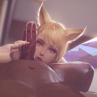 league of legends, ahri, firolian, 1boy, 1girls, animal ears, big penis, blonde hair, cum, dark-skinned male, dark skin, female, holding penis, interracial, looking at viewer