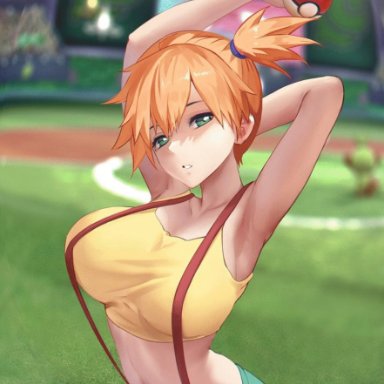 game freak, nintendo, pokemon, pokemon rgby, kasumi (pokemon), azto dio, 1girls, areolae, arm behind head, armpits, arms up, assisted exposure, asymmetrical hair, bangs, bare shoulders