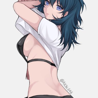 fire emblem, fire emblem: three houses, fire emblem heroes, nintendo, byleth (fire emblem), byleth (fire emblem) (female), akn 646, shimizu akina, alternate costume, arms up, ass, bangs, bikini, black bikini, black swimsuit